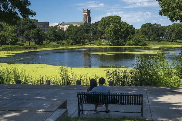 Couple sitting on bench by lake in park, Minneapolis, Hennepin County, Minnesota, USA